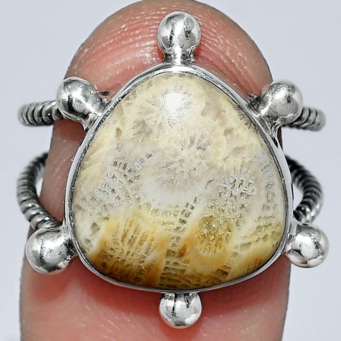 Flower Fossil Coral Ring size-7.5 SDR242949 R-1268, 14x14 mm