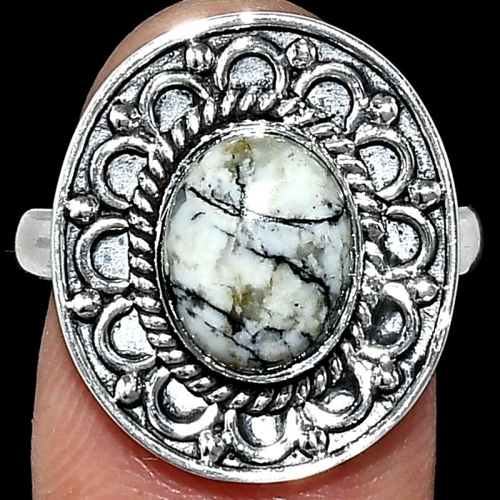 Authentic White Buffalo Turquoise Nevada Ring size-8 SDR243114 R-1256, 8x10 mm