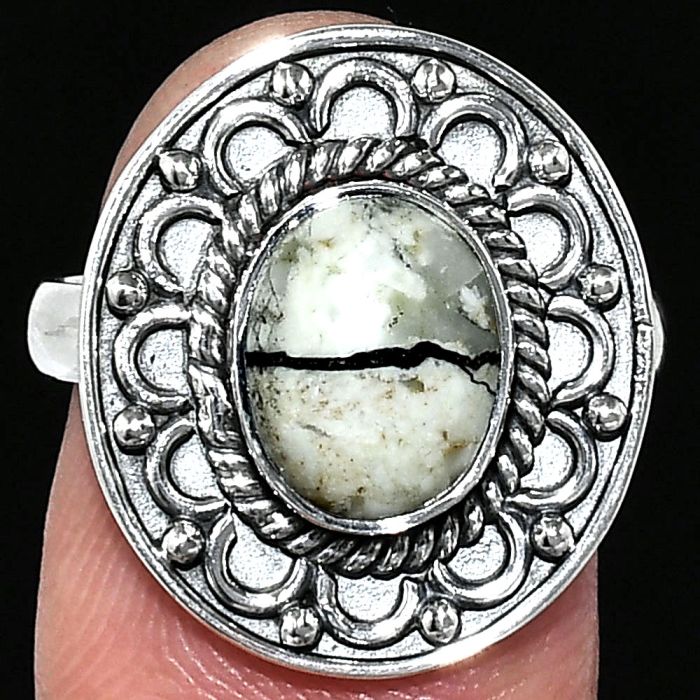 Authentic White Buffalo Turquoise Nevada Ring size-8 SDR243115 R-1256, 8x10 mm