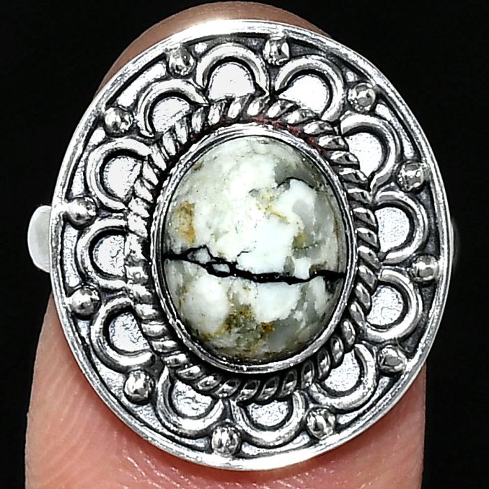 Authentic White Buffalo Turquoise Nevada Ring size-7 SDR243116 R-1256, 8x10 mm