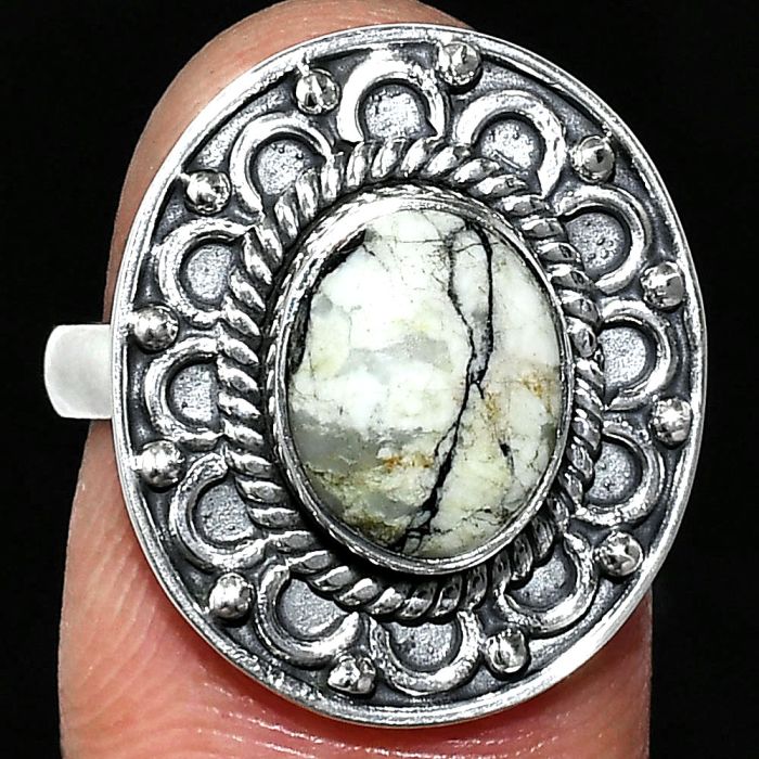 Authentic White Buffalo Turquoise Nevada Ring size-7.5 SDR243149 R-1256, 8x10 mm