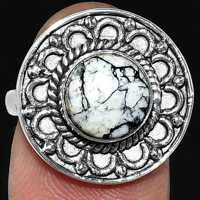 Authentic White Buffalo Turquoise Nevada Ring size-8 SDR243150 R-1256, 9x9 mm