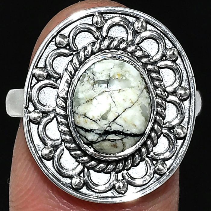 Authentic White Buffalo Turquoise Nevada Ring size-8 SDR243151 R-1256, 8x10 mm