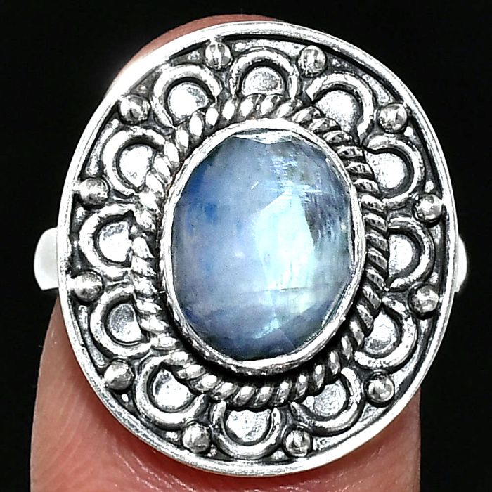 Rainbow Moonstone Checker Ring size-7.5 SDR243154 R-1256, 8x10 mm