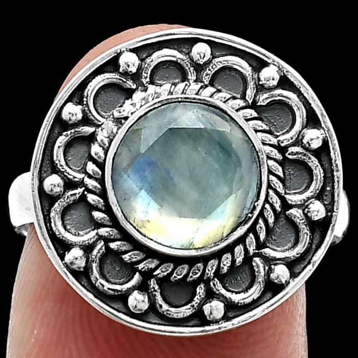 Faceted Rainbow Moonstone Ring size-7.5 SDR243157 R-1256, 8x8 mm