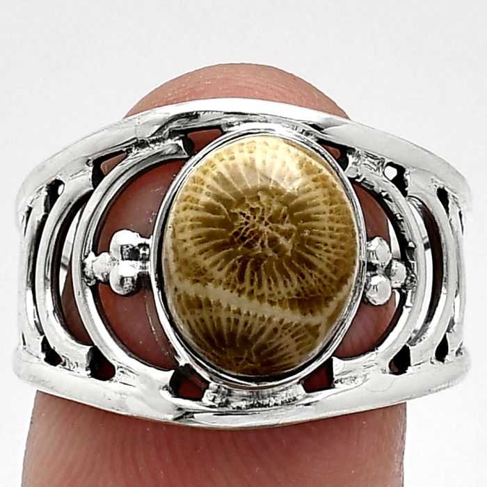 Flower Fossil Coral Ring size-8 SDR243180 R-1379, 9x12 mm