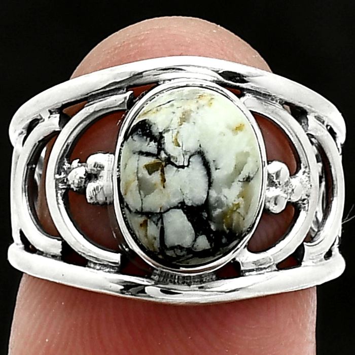 Authentic White Buffalo Turquoise Nevada Ring size-6 SDR243187 R-1379, 8x10 mm