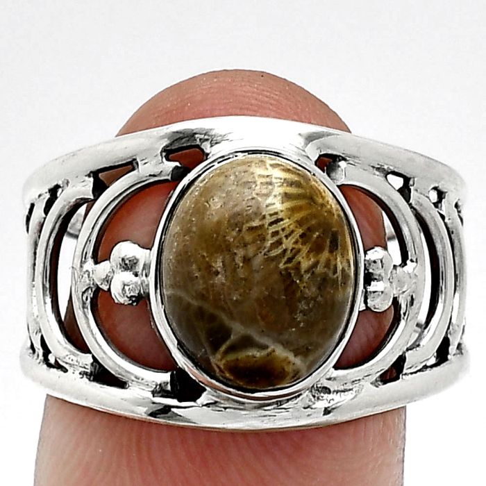 Flower Fossil Coral Ring size-8.5 SDR243208 R-1379, 9x11 mm