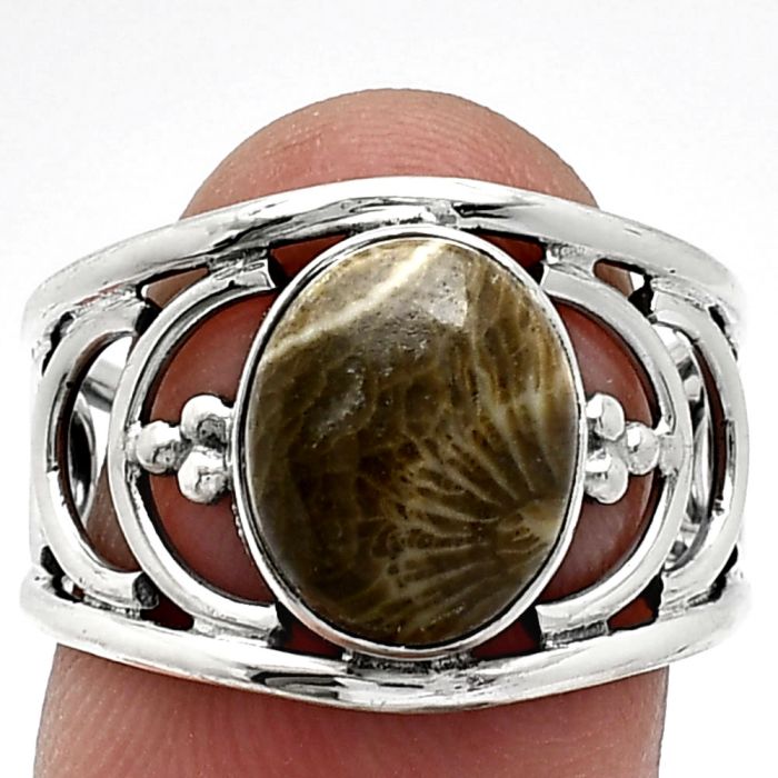 Flower Fossil Coral Ring size-7.5 SDR243222 R-1379, 9x11 mm