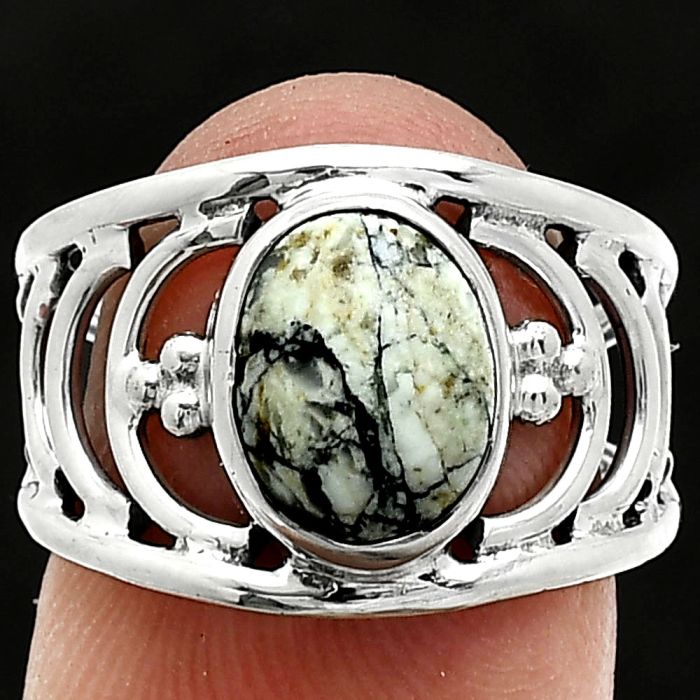 Authentic White Buffalo Turquoise Nevada Ring size-6.5 SDR243228 R-1379, 8x10 mm