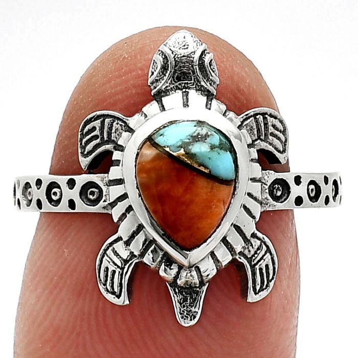 Tortoise - Kingman Orange Dahlia Turquoise Ring size-8 SDR243233 R-1076, 6x8 mm