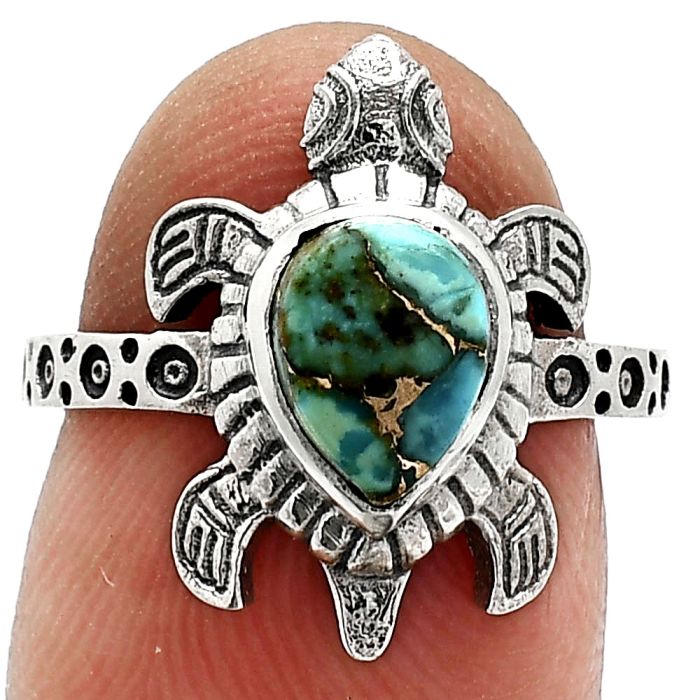 Tortoise - Kingman Copper Teal Turquoise Ring size-6 SDR243234 R-1076, 6x8 mm