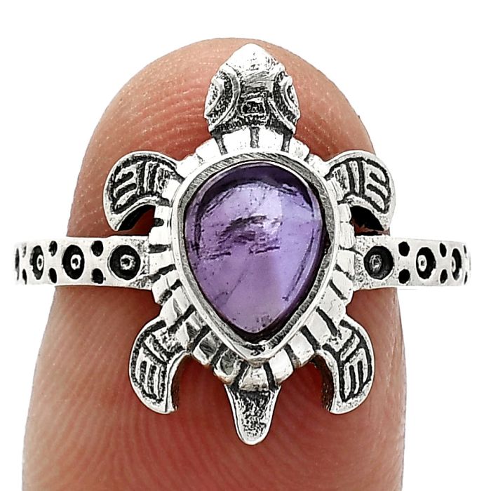 Tortoise - Amethyst Cab Ring size-8.5 SDR243240 R-1076, 6x8 mm