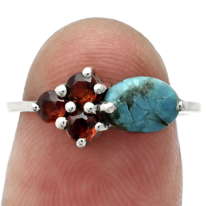 Natural Turquoise Morenci Mine and Garnet Ring size-6 SDR243393 R-1250, 7x5 mm