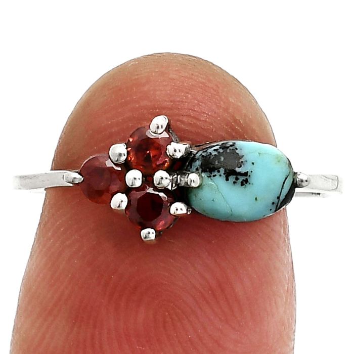 Lucky Charm Tibetan Turquoise and Garnet Ring size-8 SDR243403 R-1250, 7x5 mm