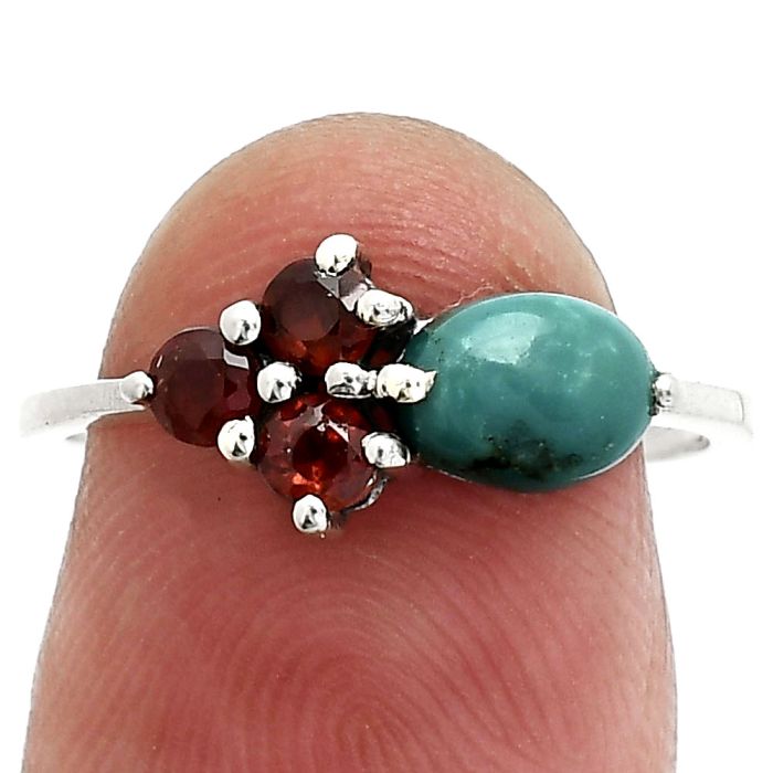 Natural Rare Turquoise Nevada Aztec Mt and Garnet Ring size-7 SDR243408 R-1250, 7x5 mm