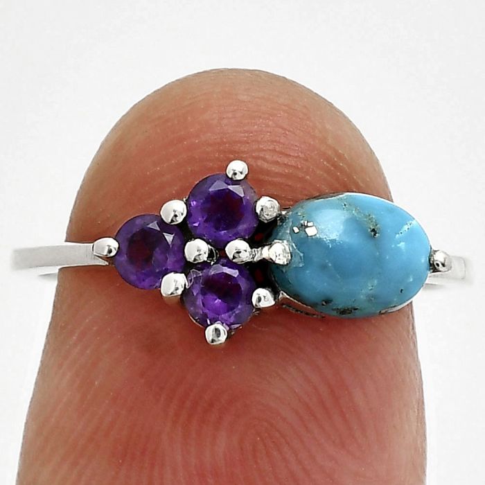 Natural Turquoise Morenci Mine and Amethyst Ring size-7.5 SDR243413 R-1250, 7x5 mm