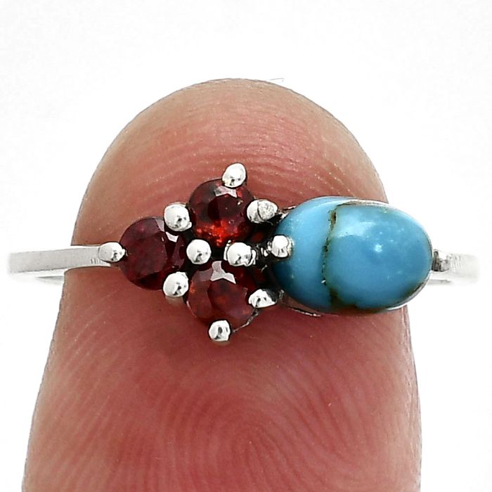 Natural Turquoise Morenci Mine and Garnet Ring size-8 SDR243415 R-1250, 7x5 mm