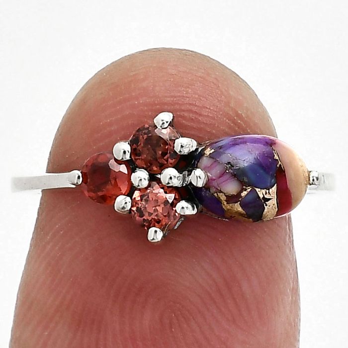 Kingman Pink Dahlia Turquoise and Garnet Ring size-7 SDR243416 R-1250, 7x5 mm