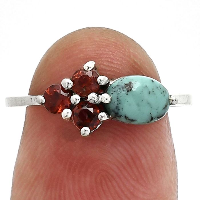 Natural Turquoise Morenci Mine and Garnet Ring size-7 SDR243442 R-1250, 7x5 mm