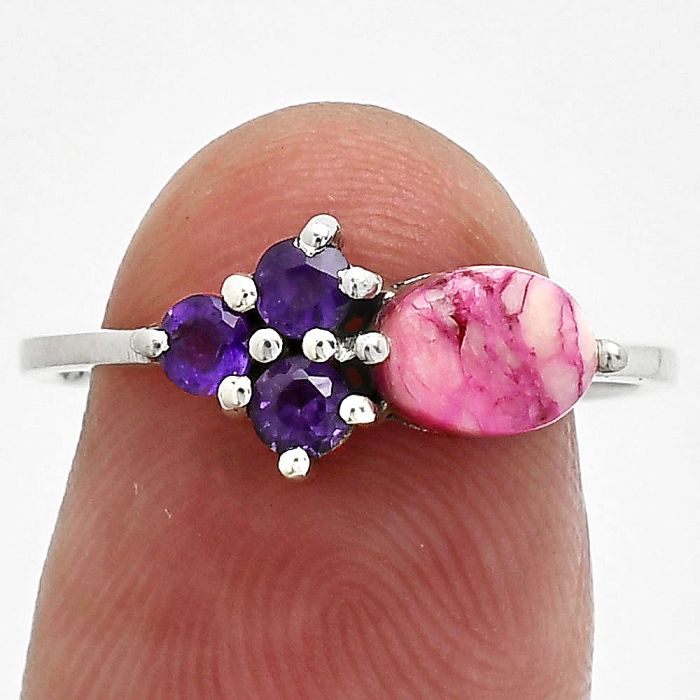 Kingman Pink Dahlia Turquoise and Amethyst Ring size-8 SDR243443 R-1250, 7x5 mm