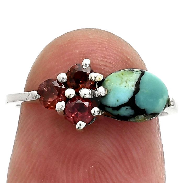 Lucky Charm Tibetan Turquoise and Garnet Ring size-6 SDR243446 R-1250, 7x5 mm