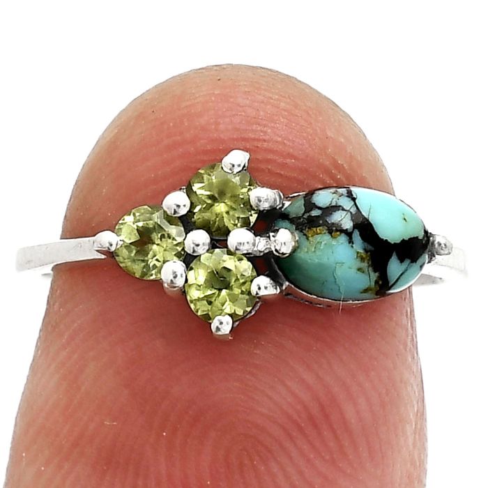 Lucky Charm Tibetan Turquoise and Peridot Ring size-6 SDR243453 R-1250, 7x5 mm