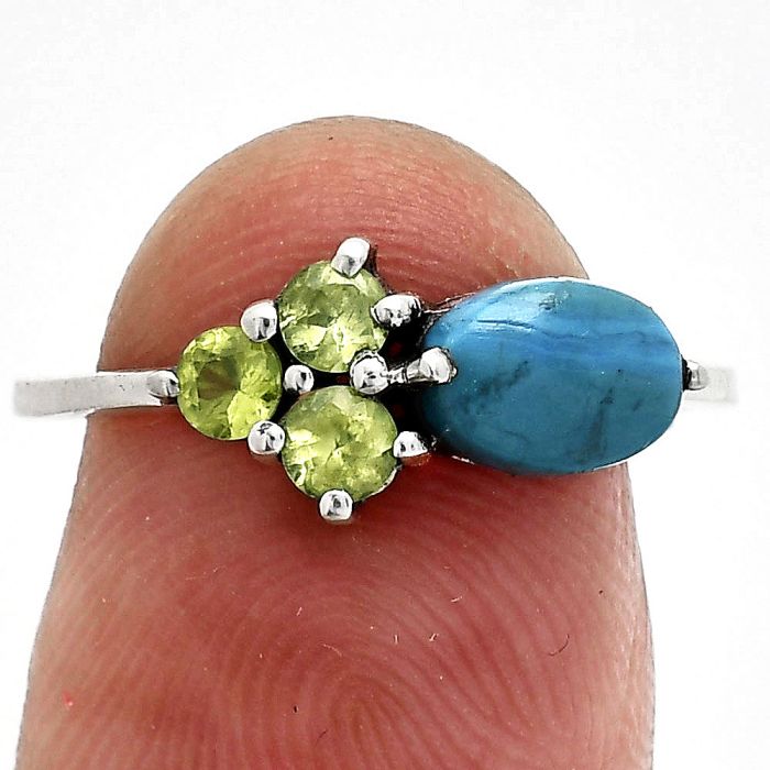 Natural Turquoise Morenci Mine and Peridot Ring size-7.5 SDR243459 R-1250, 7x5 mm