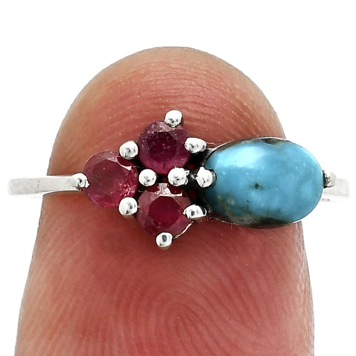 Natural Turquoise Morenci Mine and Garnet Ring size-7.5 SDR243461 R-1250, 7x5 mm