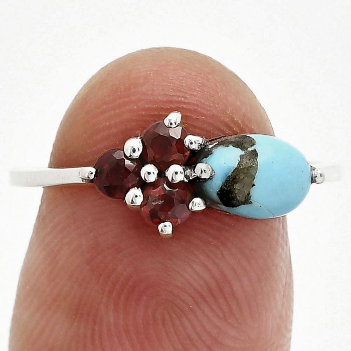 Kingman Turquoise With Pyrite and Garnet Ring size-8.5 SDR243463 R-1250, 7x5 mm