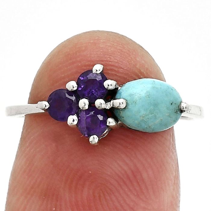 Natural Rare Turquoise Nevada Aztec Mt and Amethyst Ring size-7.5 SDR243466 R-1250, 7x5 mm