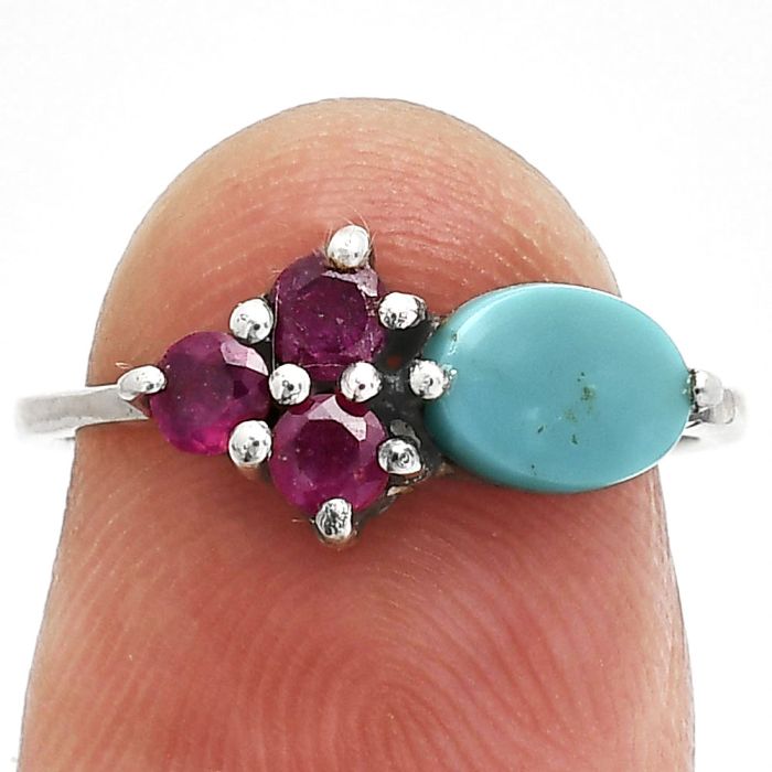 Natural Turquoise Morenci Mine and Garnet Ring size-6 SDR243470 R-1250, 7x5 mm