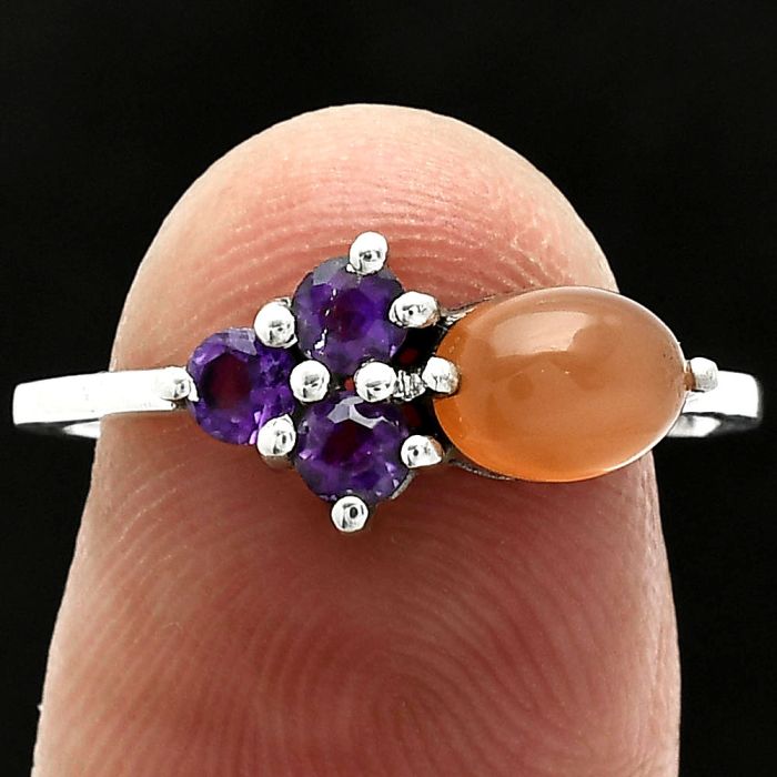 Peach Moonstone and Amethyst Ring size-8 SDR243488 R-1250, 7x5 mm