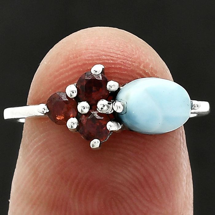 Larimar (Dominican Republic) and Garnet Ring size-7 SDR243489 R-1250, 7x5 mm