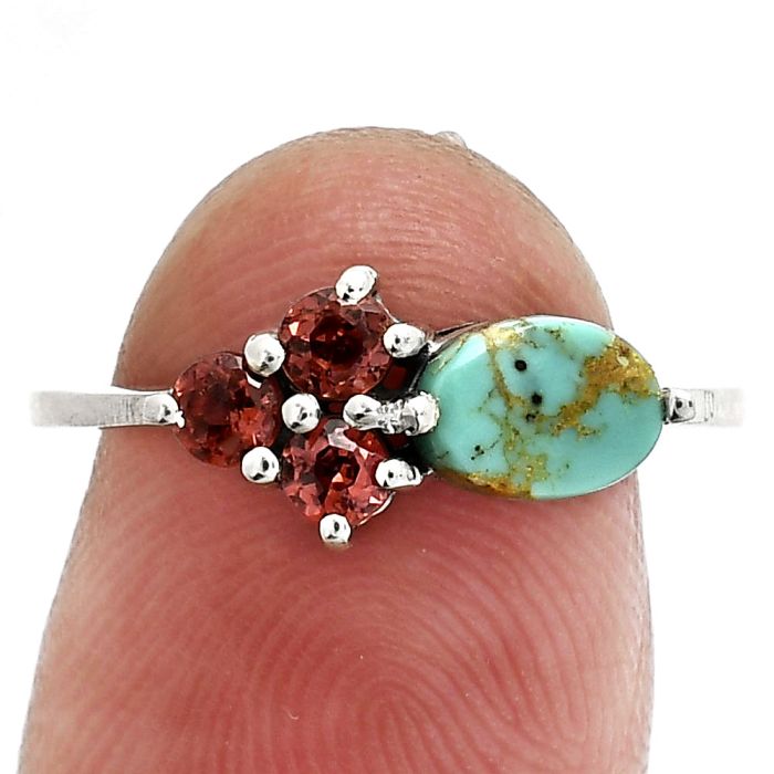 Natural Rare Turquoise Nevada Aztec Mt and Garnet Ring size-7 SDR243493 R-1250, 7x5 mm