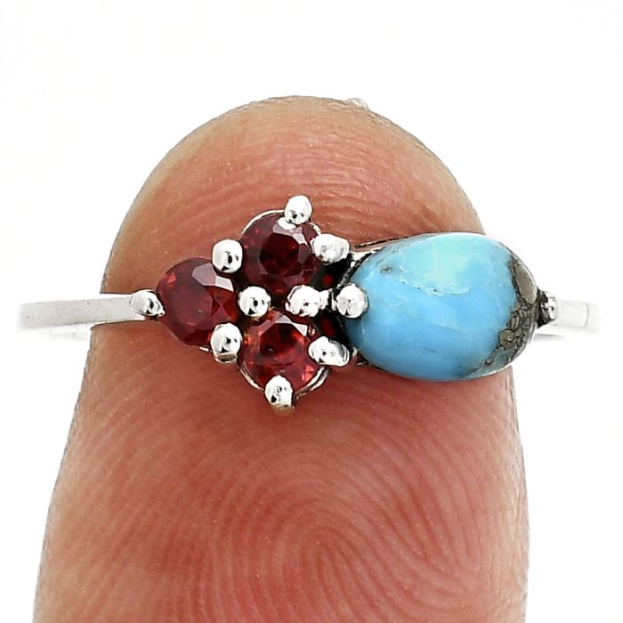 Kingman Turquoise With Pyrite and Garnet Ring size-8 SDR243500 R-1250, 7x5 mm