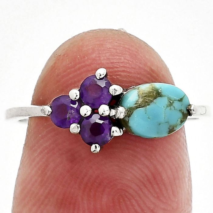 Natural Rare Turquoise Nevada Aztec Mt and Amethyst Ring size-7 SDR243501 R-1250, 7x5 mm