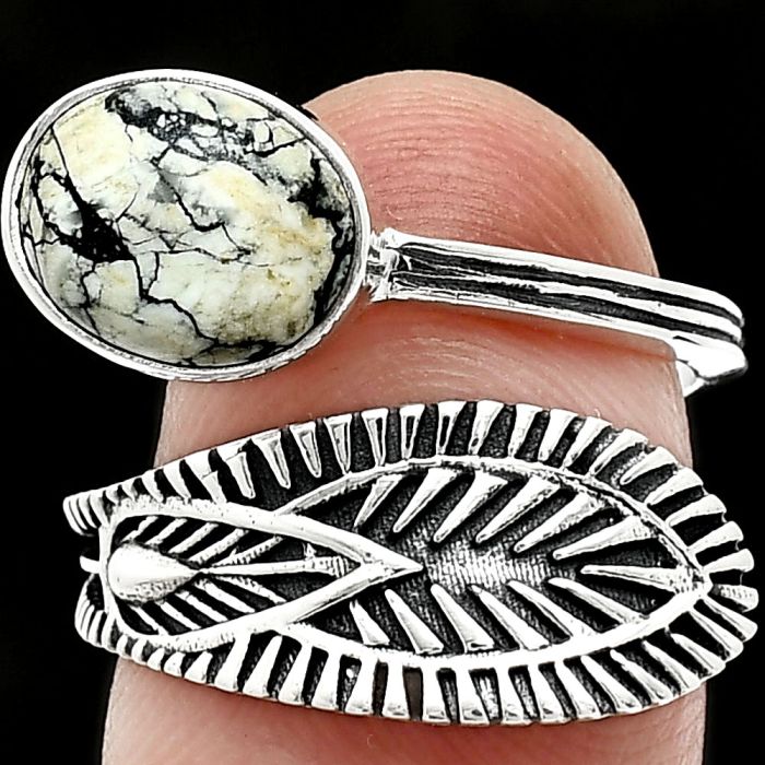 Adjustable - Authentic White Buffalo Turquoise Nevada Ring size-7.5 SDR243813 R-1116, 8x10 mm