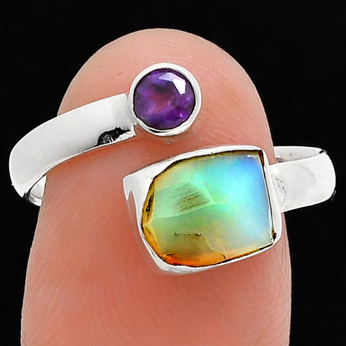 Ethiopian Opal Rough and Amethyst Ring size-8.5 SDR244542 R-1205, 7x9 mm