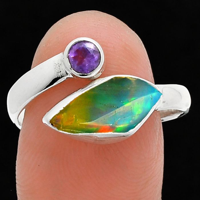 Ethiopian Opal Rough and Amethyst Ring size-9.5 SDR244544 R-1205, 7x13 mm