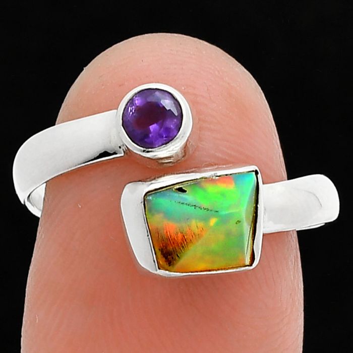 Ethiopian Opal Rough and Amethyst Ring size-7.5 SDR244546 R-1205, 5x10 mm