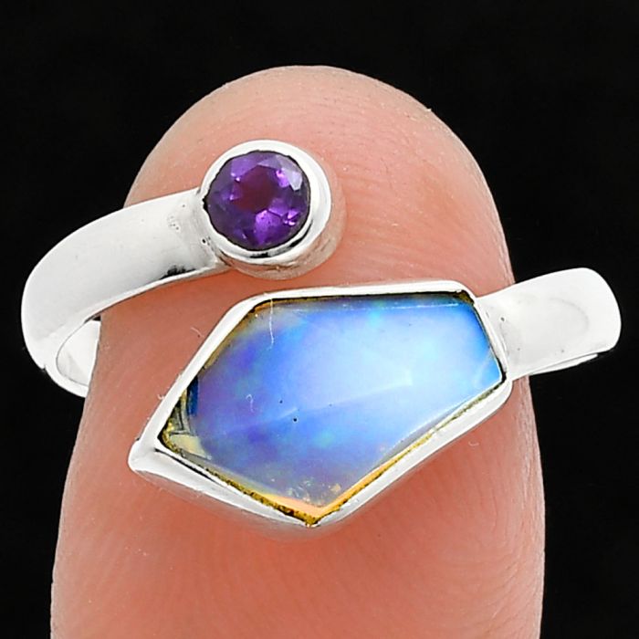 Ethiopian Opal Rough and Amethyst Ring size-9 SDR244548 R-1205, 8x13 mm