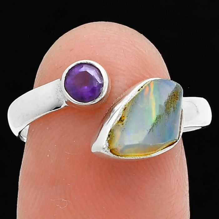 Ethiopian Opal Rough and Amethyst Ring size-7.5 SDR244549 R-1205, 6x9 mm