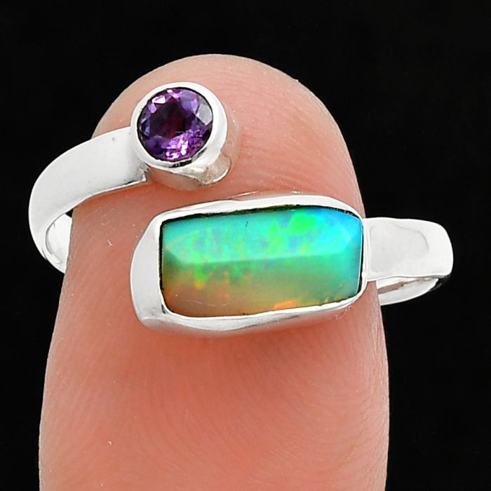 Ethiopian Opal Rough and Amethyst Ring size-9 SDR244557 R-1205, 6x11 mm