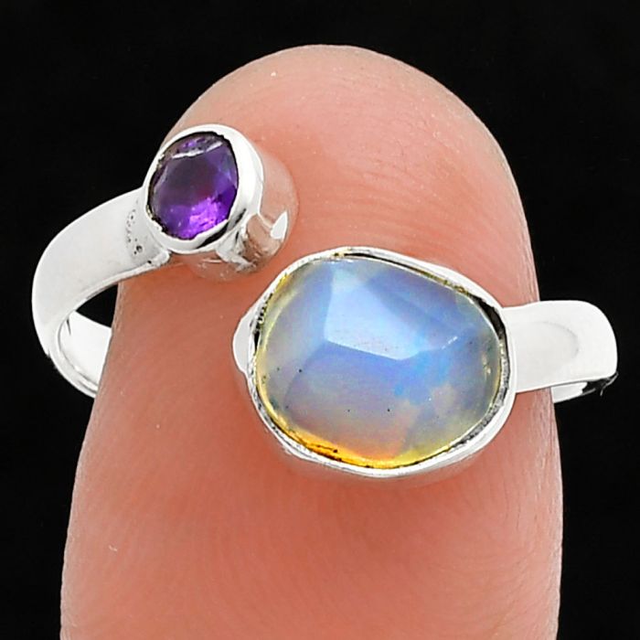 Ethiopian Opal Rough and Amethyst Ring size-7.5 SDR244558 R-1205, 7x9 mm