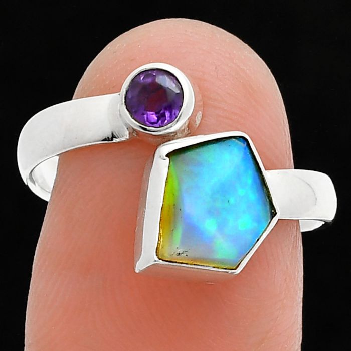 Ethiopian Opal Rough and Amethyst Ring size-8 SDR244559 R-1205, 7x9 mm