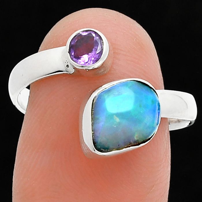 Ethiopian Opal Rough and Amethyst Ring size-9 SDR244560 R-1205, 7x10 mm