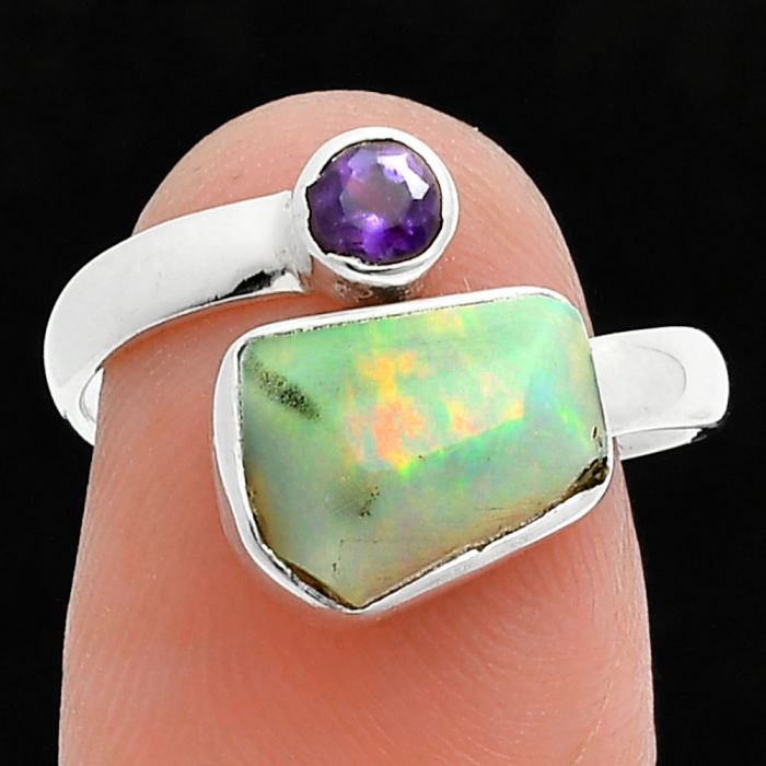 Ethiopian Opal Rough and Amethyst Ring size-7.5 SDR244561 R-1205, 8x11 mm