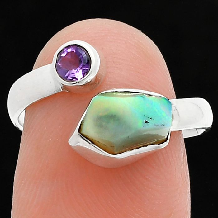 Ethiopian Opal Rough and Amethyst Ring size-7.5 SDR244562 R-1205, 6x9 mm