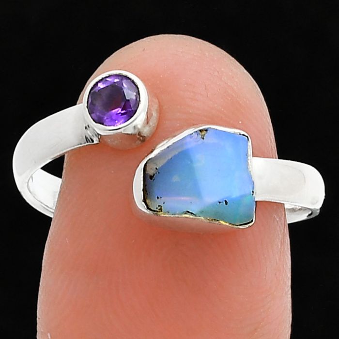 Ethiopian Opal Rough and Amethyst Ring size-8 SDR244563 R-1205, 6x7 mm